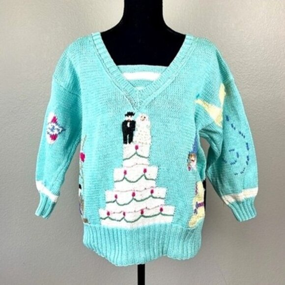Berek Hand Knit Cotton Sweater Anniversary Wedding Long Sleeve V-Neck Vintage L - Picture 1 of 15